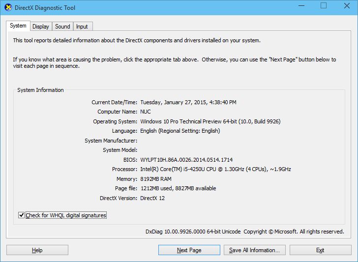 dxdiag cara instal windows 10